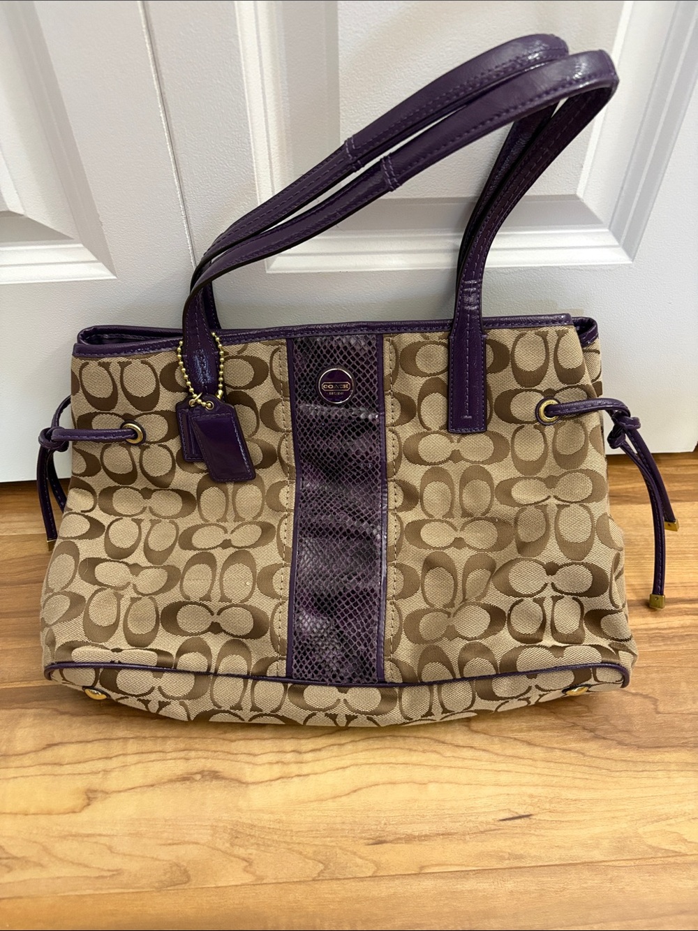 Coach Beige Signature Canvas Tote with Purple Leather Accents